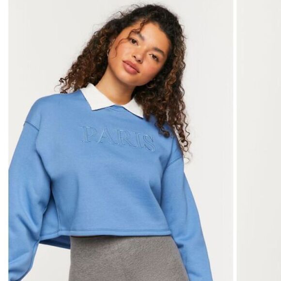 F21 S Light Blue White Collared PARIS Graphic Cropped Fleece Pullover - Picture 1 of 15